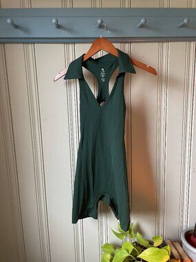 Green Open Back Workout Romper One Piece Activewear Bodysuit XS